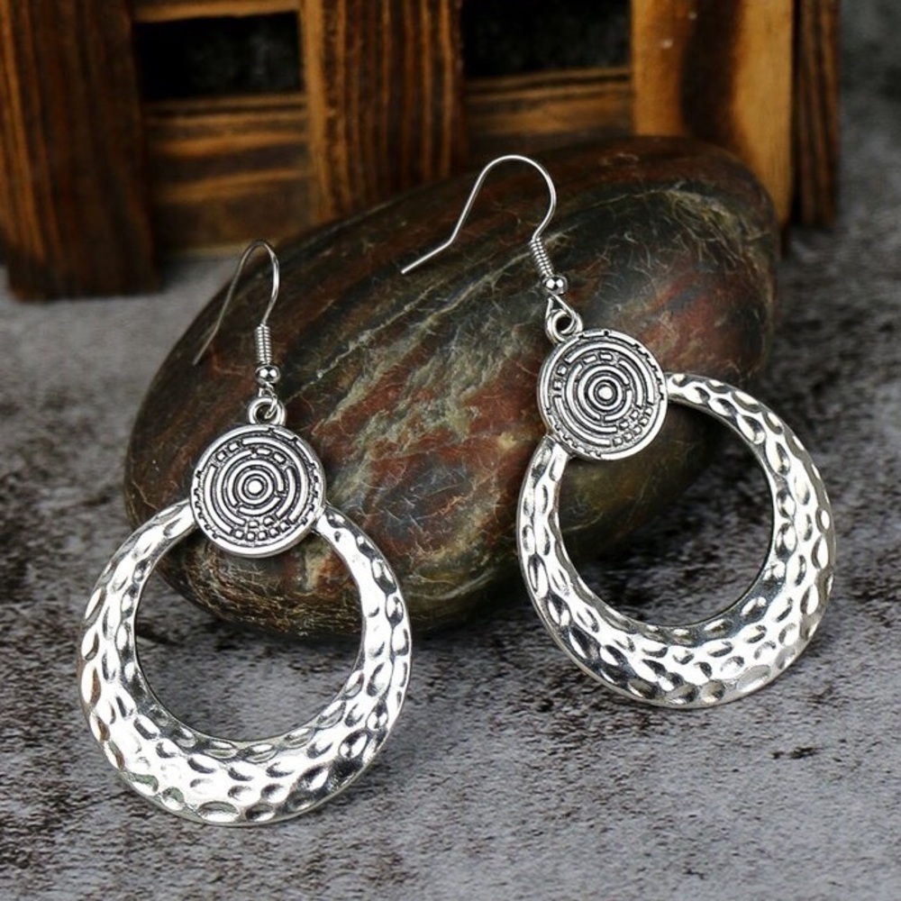 Any 2/$20! Dimpled Silver Circular Boho Drop Earrings - Picture 3 of 6